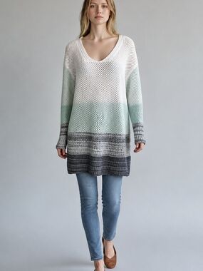 Cotton Country Women’s L Open Knit Tunic Sweater Ombre V Neck 100% Cotton Canada